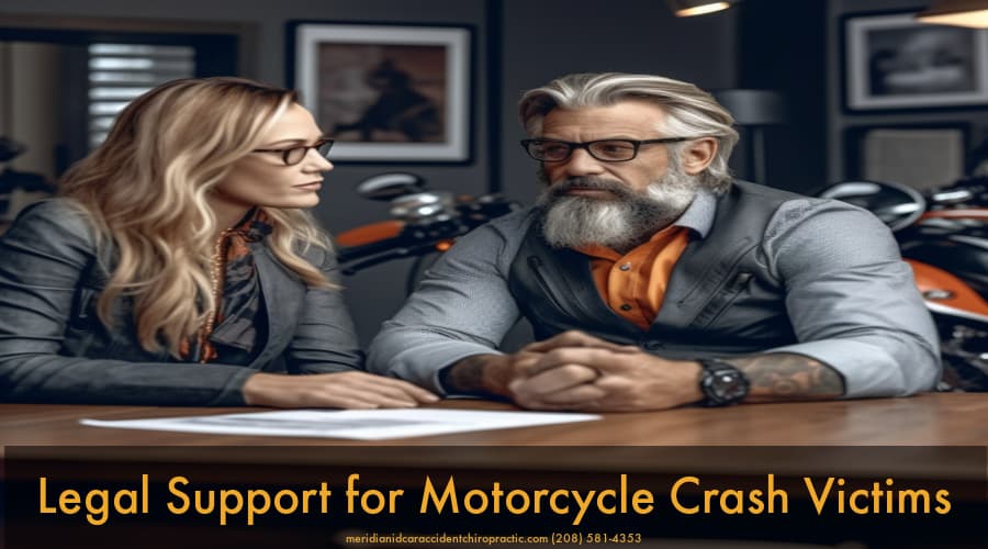 Image of two layers and motorcycles staing Legal Support for Motorcycle Crash Victims