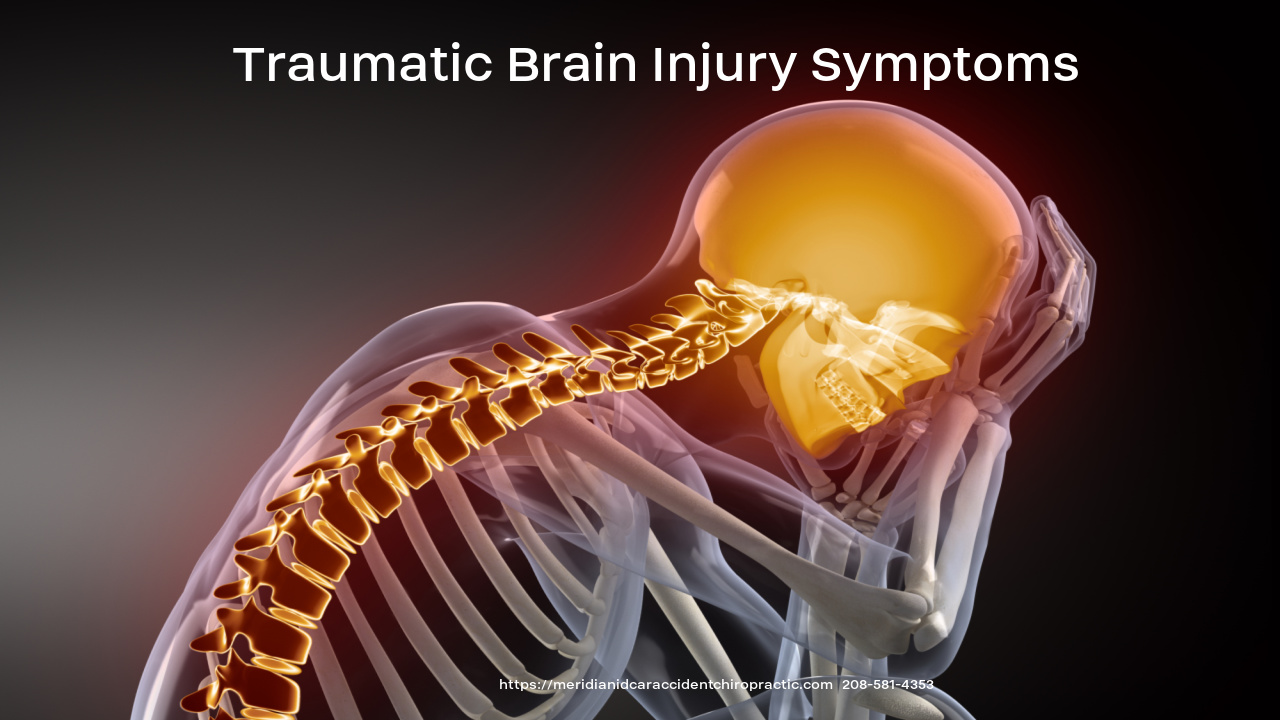 Image of Gold Skeleton holding head stating Traumatic Brain Injury Symptoms